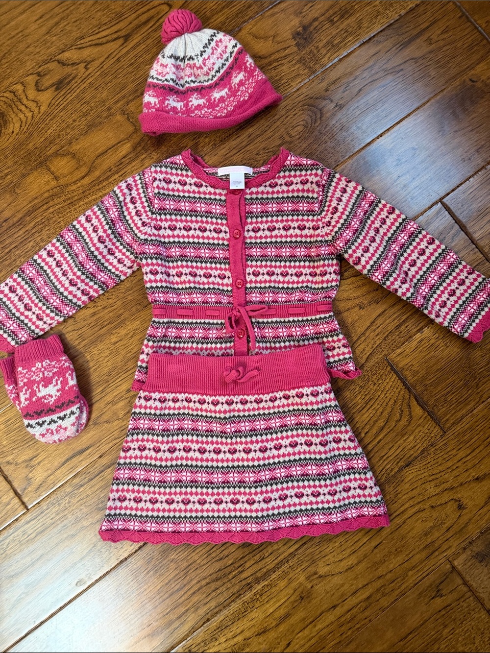 Girls Pink Fair Isle Knit Sweater Skirt Set with Hat & Mitten